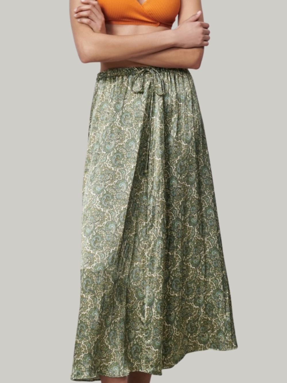 LIKE NEW Free People Green Paisley Drawstring Maxi Skirt